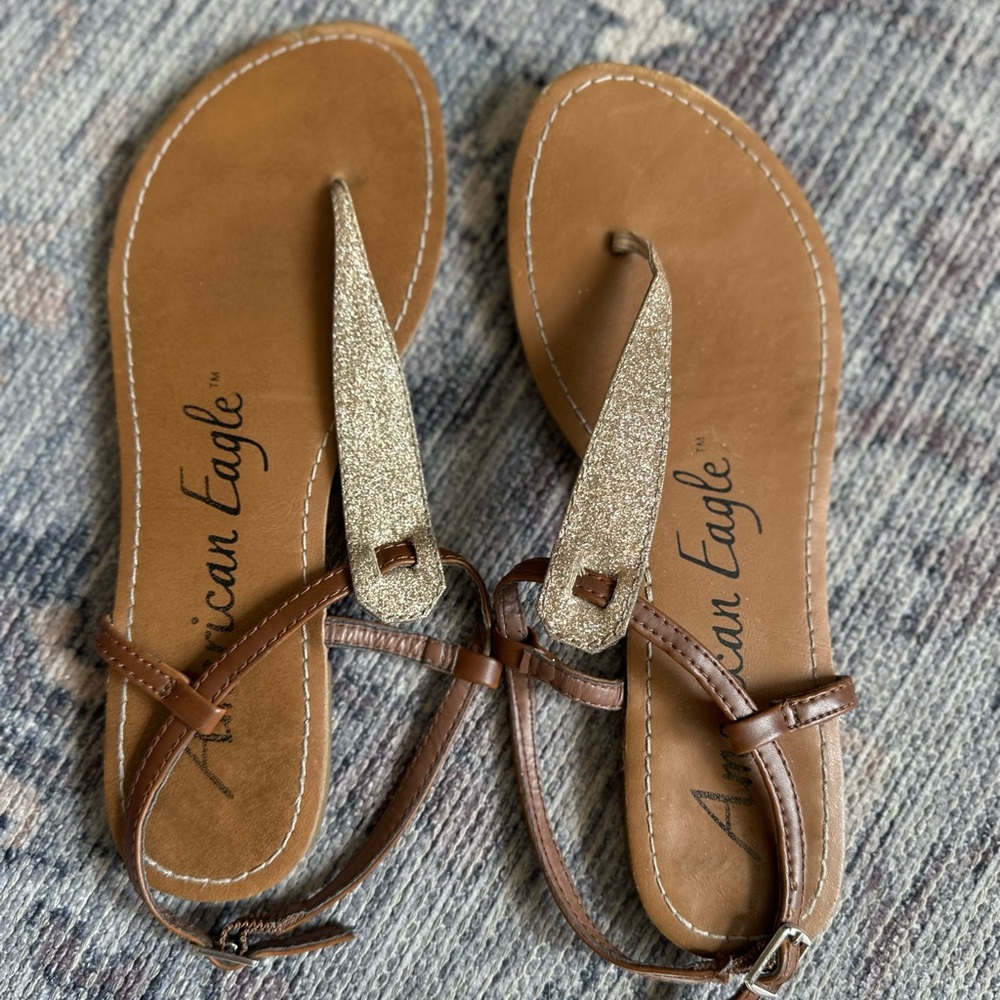 American Eagle Brown Sandals with Gold Glitter Strap